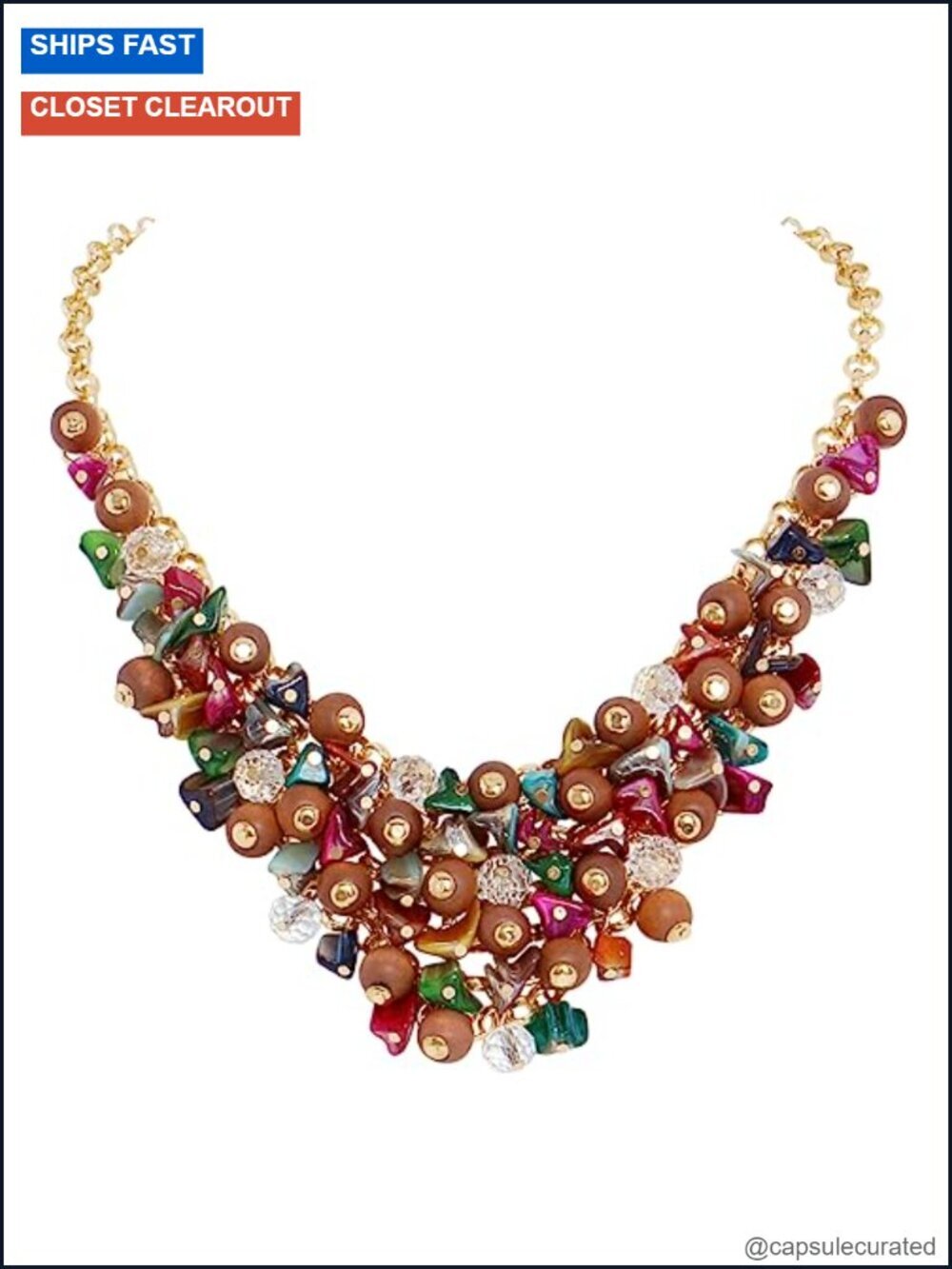 Wood Crystal Cluster Beaded Necklace Multi Row Pendant Collar Chain Women